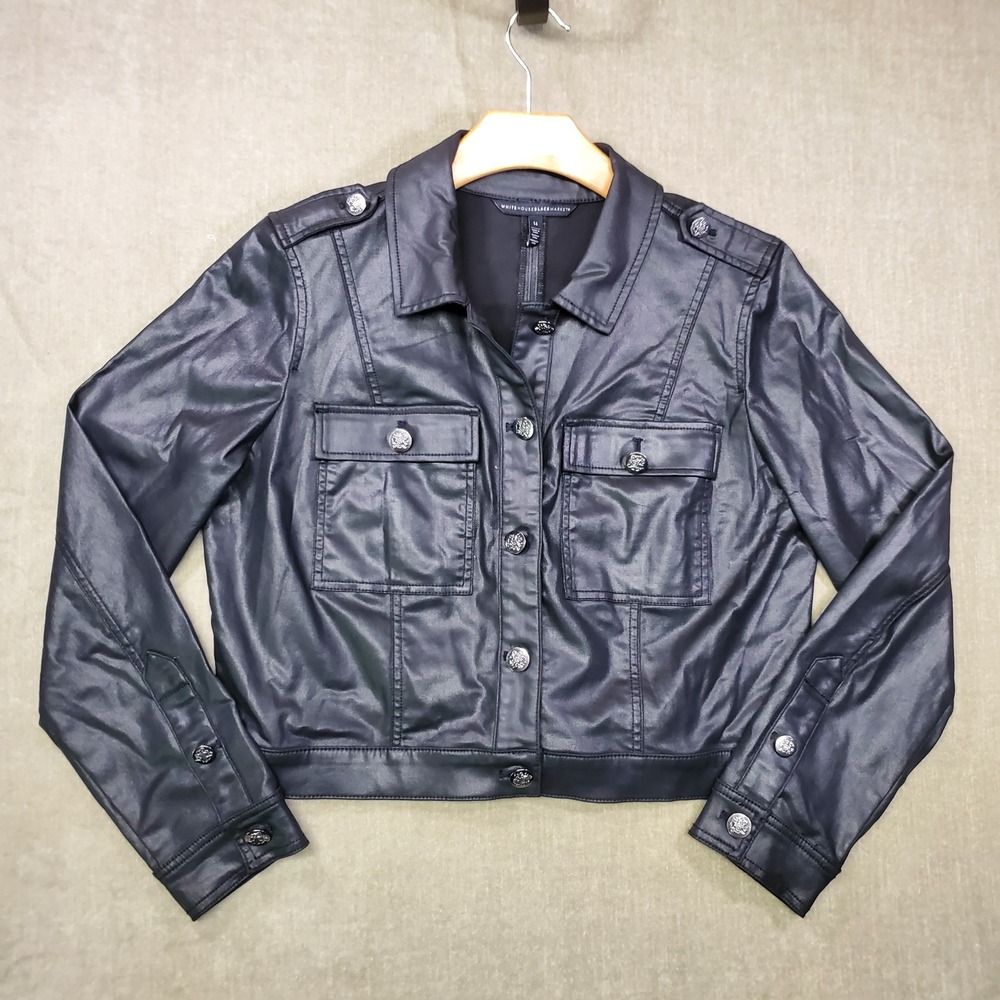 White House Black Market Coated Denim Jacket Black Gray Crest Button Size 14